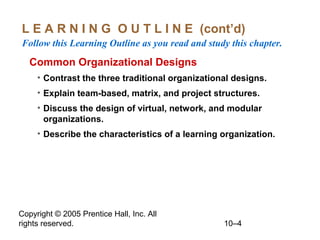 L E A R N I N G O U T L I N E (cont’d)
Follow this Learning Outline as you read and study this chapter.

Common Organizational Designs
• Contrast the three traditional organizational designs.
• Explain team-based, matrix, and project structures.
• Discuss the design of virtual, network, and modular
organizations.
• Describe the characteristics of a learning organization.

Copyright © 2005 Prentice Hall, Inc. All
rights reserved.

10–4

 