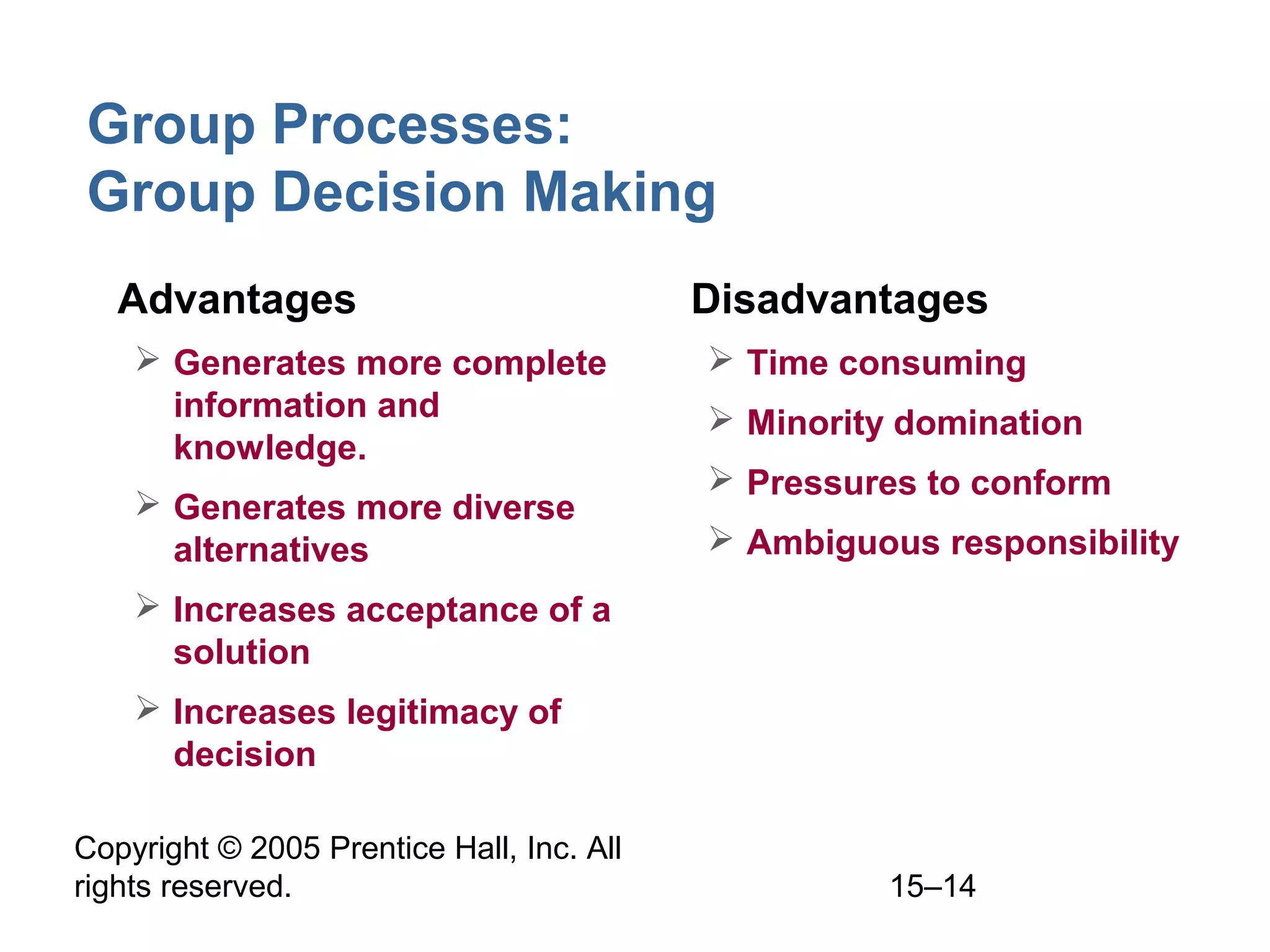 Group Processes:
Group Decision Making
• Advantages
 Generates more complete
information and
knowledge.
 Generates more diverse
alternatives

• Disadvantages
 Time consuming
 Minority domination
 Pressures to conform
 Ambiguous responsibility

 Increases acceptance of a
solution
 Increases legitimacy of
decision
Copyright © 2005 Prentice Hall, Inc. All
rights reserved.

15–14

 