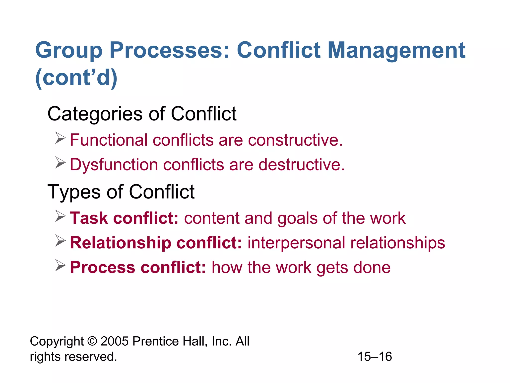Group Processes: Conflict Management
(cont’d)
• Categories of Conflict
 Functional conflicts are constructive.
 Dysfunction conflicts are destructive.

• Types of Conflict
 Task conflict: content and goals of the work
 Relationship conflict: interpersonal relationships
 Process conflict: how the work gets done

Copyright © 2005 Prentice Hall, Inc. All
rights reserved.

15–16

 