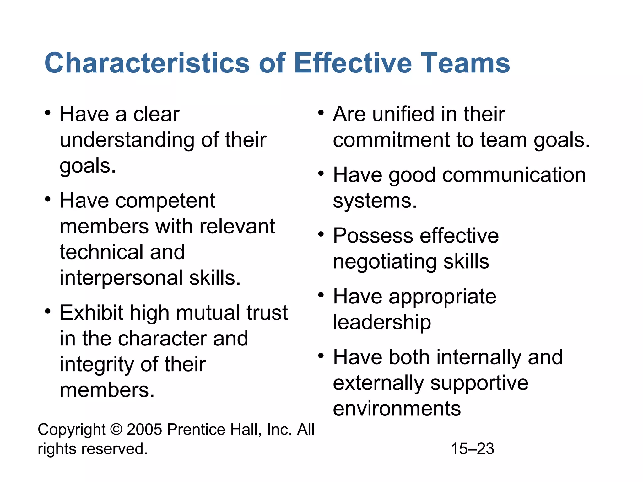 Characteristics of Effective Teams
• Have a clear
understanding of their
goals.
• Have competent
members with relevant
technical and
interpersonal skills.
• Exhibit high mutual trust
in the character and
integrity of their
members.
Copyright © 2005 Prentice Hall, Inc. All
rights reserved.

• Are unified in their
commitment to team goals.
• Have good communication
systems.
• Possess effective
negotiating skills
• Have appropriate
leadership
• Have both internally and
externally supportive
environments
15–23

 