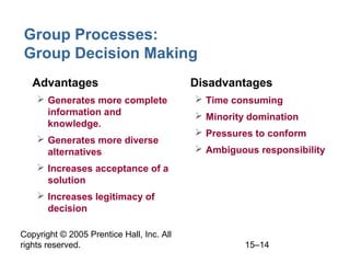 Group Processes:
Group Decision Making
• Advantages
 Generates more complete
information and
knowledge.
 Generates more diverse
alternatives

• Disadvantages
 Time consuming
 Minority domination
 Pressures to conform
 Ambiguous responsibility

 Increases acceptance of a
solution
 Increases legitimacy of
decision
Copyright © 2005 Prentice Hall, Inc. All
rights reserved.

15–14

 