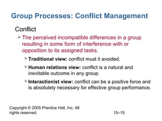 Group Processes: Conflict Management
• Conflict
 The perceived incompatible differences in a group
resulting in some form of interference with or
opposition to its assigned tasks.
 Traditional

view: conflict must it avoided.

 Human

relations view: conflict is a natural and
inevitable outcome in any group.

 Interactionist

view: conflict can be a positive force and
is absolutely necessary for effective group performance.

Copyright © 2005 Prentice Hall, Inc. All
rights reserved.

15–15

 