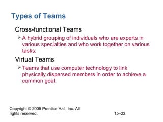 Types of Teams
• Cross-functional Teams
 A hybrid grouping of individuals who are experts in
various specialties and who work together on various
tasks.

• Virtual Teams
 Teams that use computer technology to link
physically dispersed members in order to achieve a
common goal.

Copyright © 2005 Prentice Hall, Inc. All
rights reserved.

15–22

 