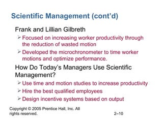Copyright © 2005 Prentice Hall, Inc. All
rights reserved. 2–10
Scientific Management (cont’d)
• Frank and Lillian Gilbreth
Focused on increasing worker productivity through
the reduction of wasted motion
Developed the microchronometer to time worker
motions and optimize performance.
• How Do Today’s Managers Use Scientific
Management?
Use time and motion studies to increase productivity
Hire the best qualified employees
Design incentive systems based on output
 