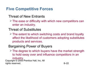 Copyright © 2005 Prentice Hall, Inc. All
rights reserved. 8–22
Five Competitive Forces
• Threat of New Entrants
The ease or difficulty with which new competitors can
enter an industry.
• Threat of Substitutes
The extent to which switching costs and brand loyalty
affect the likelihood of customers adopting substitutes
products and services.
• Bargaining Power of Buyers
The degree to which buyers have the market strength
to hold sway over and influence competitors in an
industry.
 