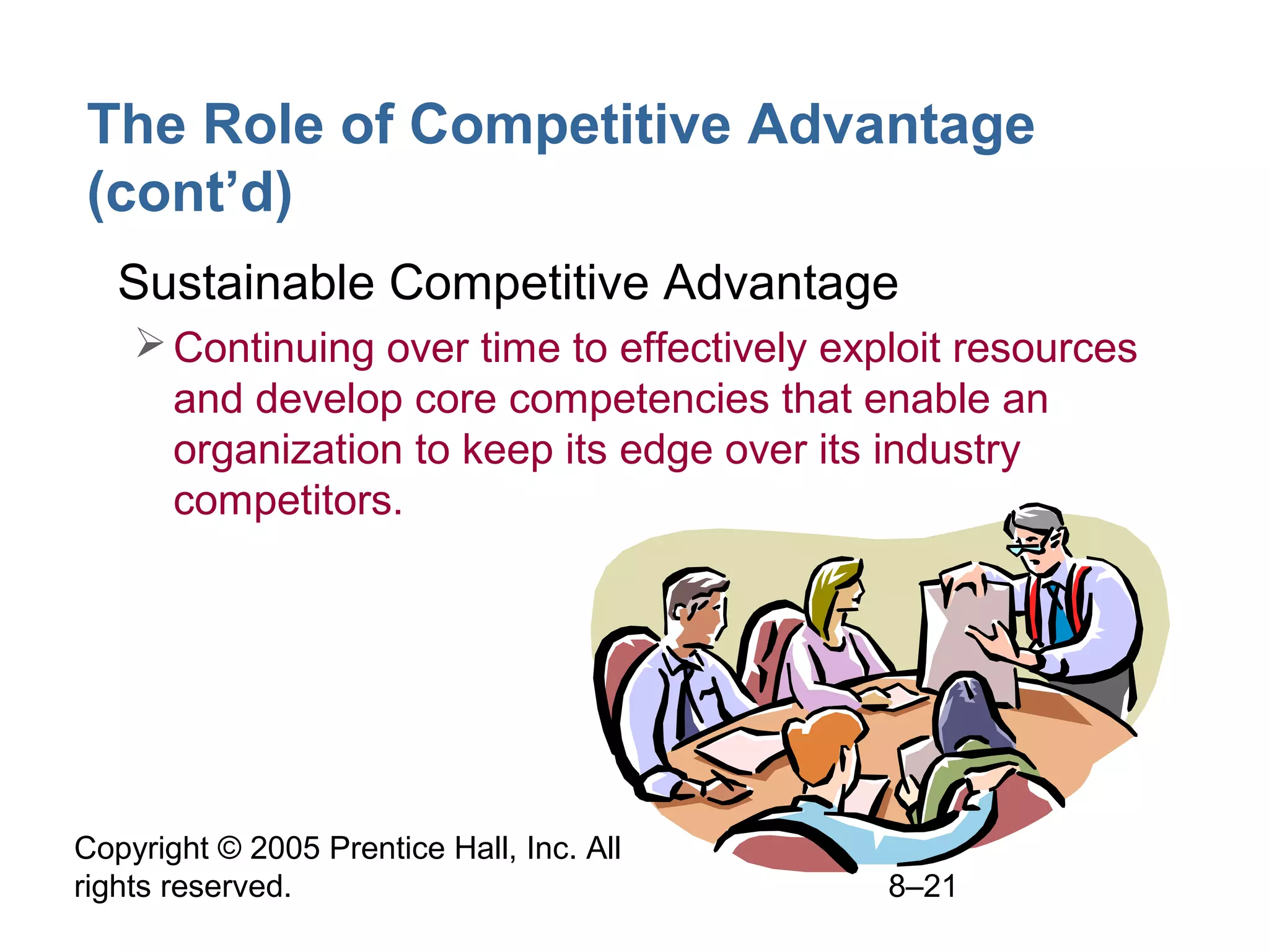 The Role of Competitive Advantage
(cont’d)
• Sustainable Competitive Advantage
 Continuing over time to effectively exploit resources
and develop core competencies that enable an
organization to keep its edge over its industry
competitors.

Copyright © 2005 Prentice Hall, Inc. All
rights reserved.

8–21

 