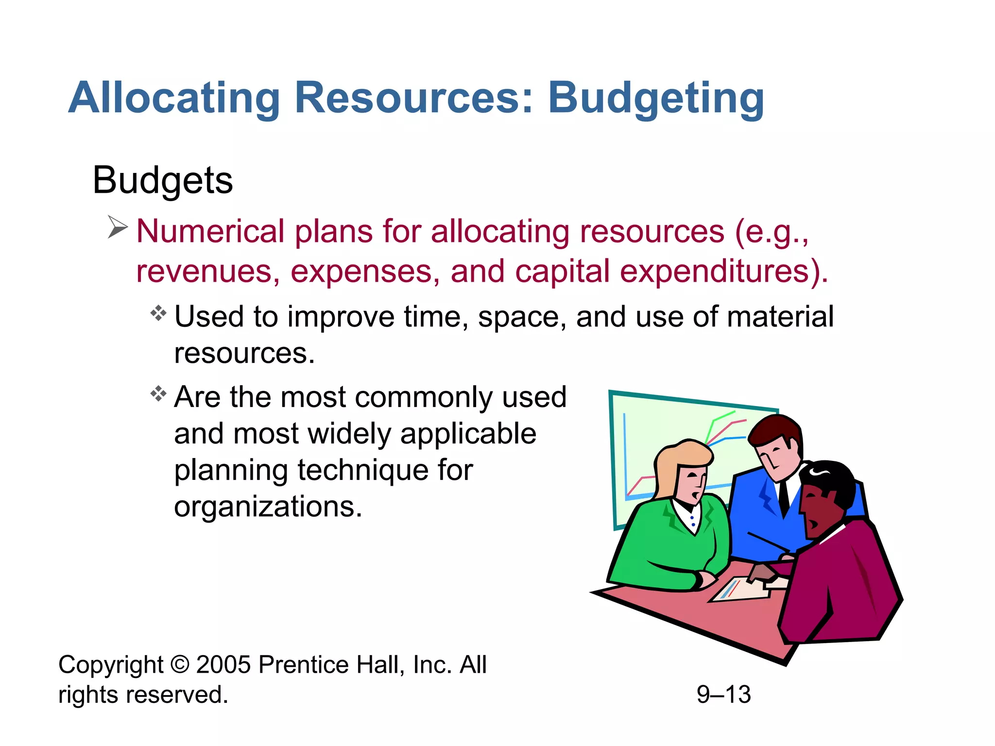 Allocating Resources: Budgeting
• Budgets
 Numerical plans for allocating resources (e.g.,
revenues, expenses, and capital expenditures).
 Used

to improve time, space, and use of material
resources.
 Are the most commonly used
and most widely applicable
planning technique for
organizations.

Copyright © 2005 Prentice Hall, Inc. All
rights reserved.

9–13

 