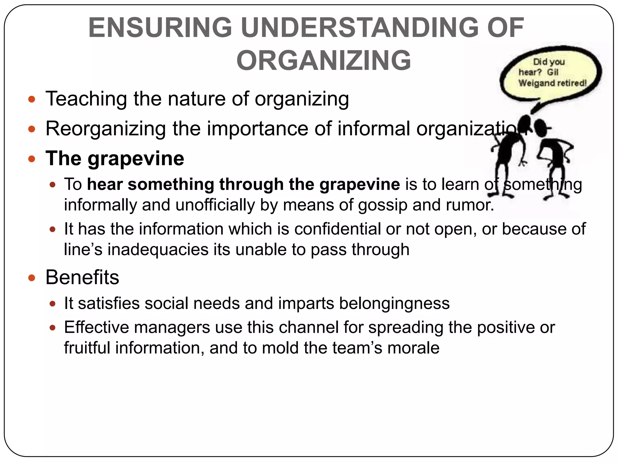 AVOIDING CONFLICTS BY CLARIFICATIONSPosition Description: A good position description informs everyone of the incumbent’s responsibilitiesA good position description includes:Not the detailed list of all the activities But the major end result areas or the goals to which the person is responsibleThe reporting relationshipsThe position’s authorityA set of verifiable objectives for the goalsBenefits:It shows the neglected dutiesIt guides the managers for the training of new managers/ workers, understanding the personnel requirements and setting the salariesIt helps understand whether the position is necessary, if so then at what level and at which location