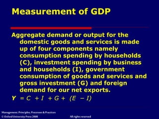Management: Principles, Processes & Practices
© Oxford University Press 2008 All rights reserved
Measurement of GDP
Aggregate demand or output for the
domestic goods and services is made
up of four components namely
consumption spending by households
(C), investment spending by business
and households (I), government
consumption of goods and services and
gross investment (G) and foreign
demand for our net exports.
Y = C + I + G + (E − I)
 