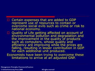 Management: Principles, Processes & Practices
© Oxford University Press 2008 All rights reserved
 Certain expenses that are added to GDP
represent use of resources to contain or
overcome social evils such as crime or risk to
national economy.
 Quality of Life getting affected on account of
environmental pollution and degradation and
the improvement in the quality of products
such as computers, whose quality and
efficiency are improving while the prices are
falling, resulting in lesser contribution in GDP
for each additional unit produced.
Economists have been trying to overcome these
limitations to arrive at an adjusted GNP.
 