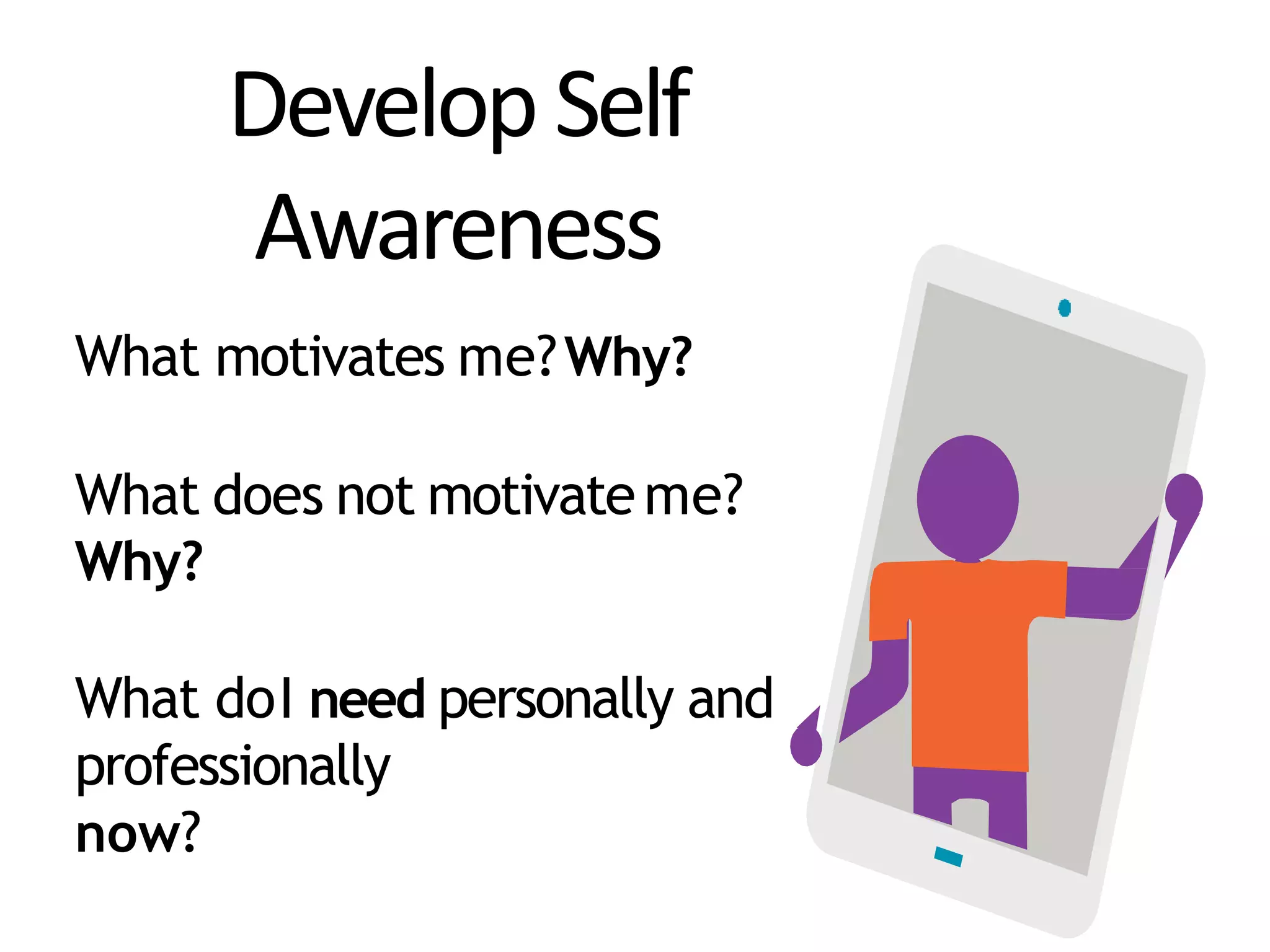 DevelopSelf
Awareness
What motivates me?Why?
What does not motivateme?
Why?
What doI need personally and
professionally
now?
 