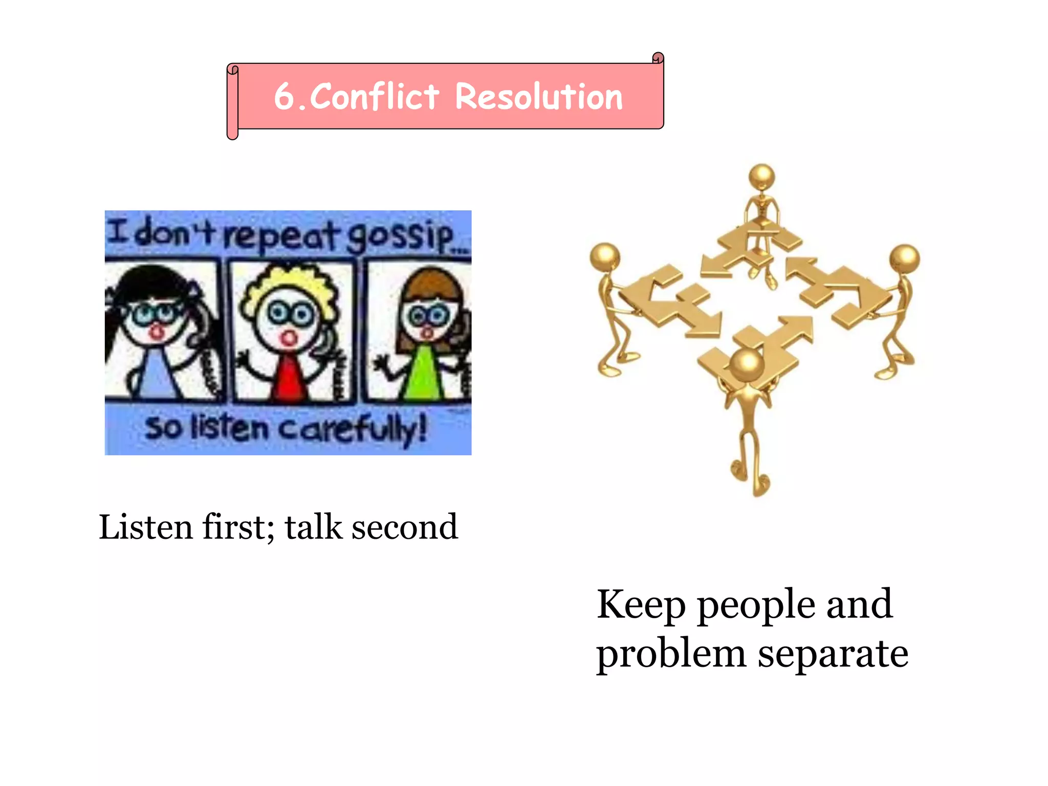 Listen first; talk second
Keep people and
problem separate
6.Conflict Resolution
 