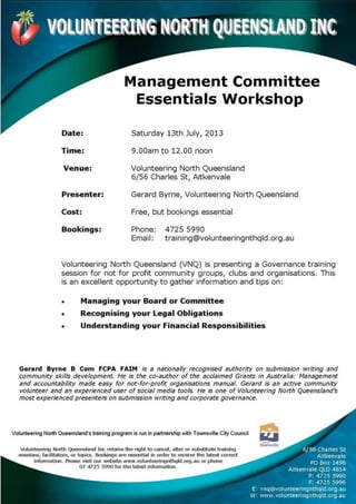 Management Committee Essentials Workshop Gerard Byrne Townsville 13 July 2013