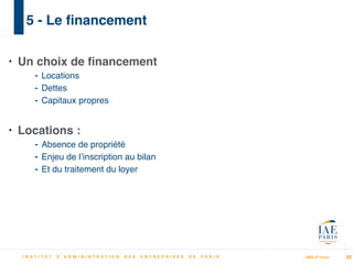 MBA IP Dakar
5 - Le ﬁnancement
• Un choix de ﬁnancement!
- Locations!
- Dettes!
- Capitaux propres!
!
• Locations :!
- Absence de propriété!
- Enjeu de l’inscription au bilan!
- Et du traitement du loyer
32
 
