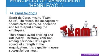 PRINCIPLES OF MANAGEMENT
(HENRI FAYOL)
© LIYANA NORIZAN DIS
14. Esprit De Corps
Esprit de Corps means “Team
Spirit”. Therefore, the management
should create unity, co-operation
and team-spirit among the
employees.
They should avoid dividing and
rule policy. Harmony, cohesion
among personnel. It’s a great
source of strength in the
organization. It is a quality in every
successful business.
 