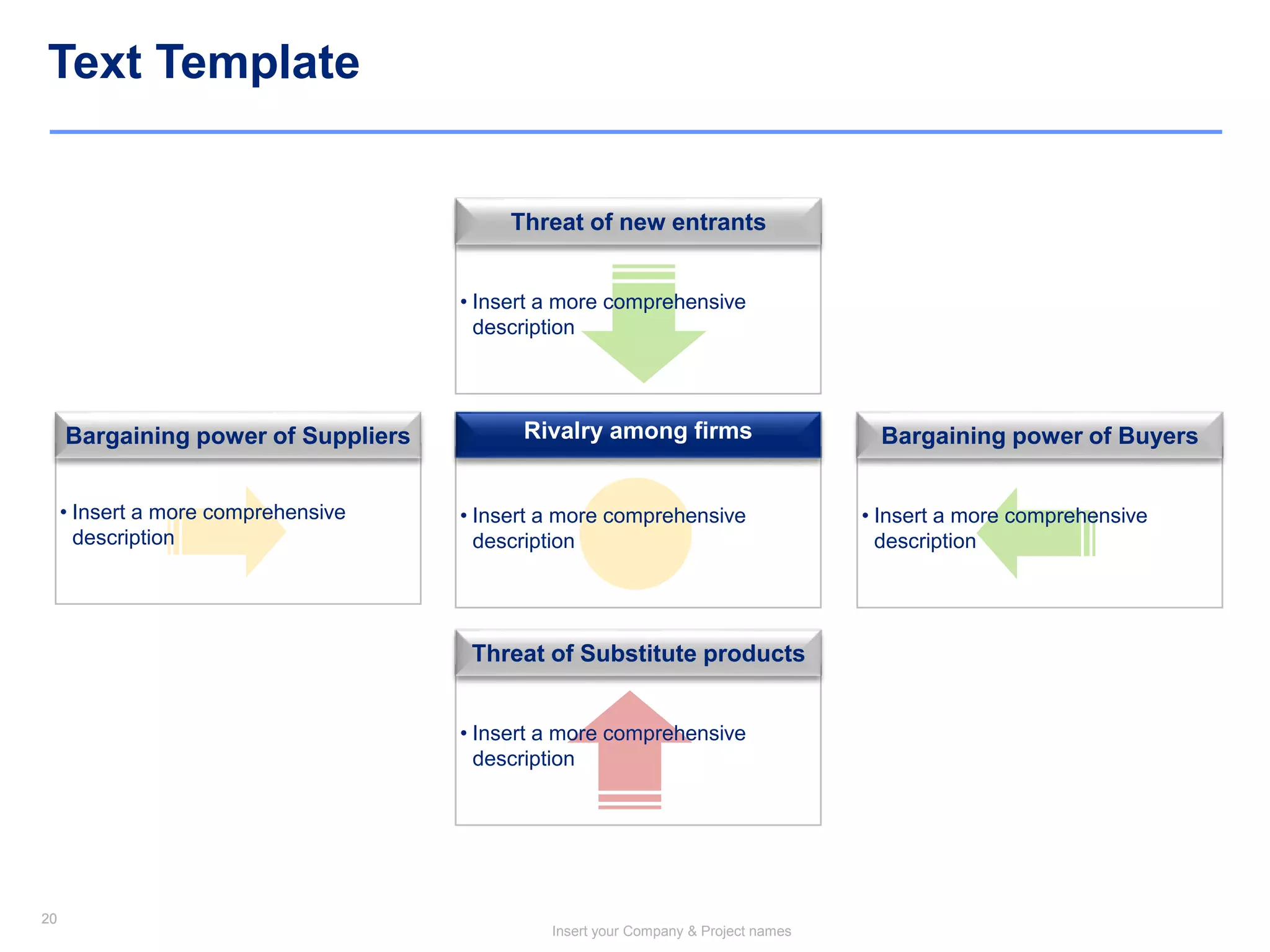 20
Insert your Company & Project names
20
• Insert a more comprehensive
description
Bargaining power of Suppliers
• Insert a more comprehensive
description
Bargaining power of Buyers
• Insert a more comprehensive
description
Rivalry among firms
• Insert a more comprehensive
description
Threat of Substitute products
• Insert a more comprehensive
description
Threat of new entrants
Text Template
 