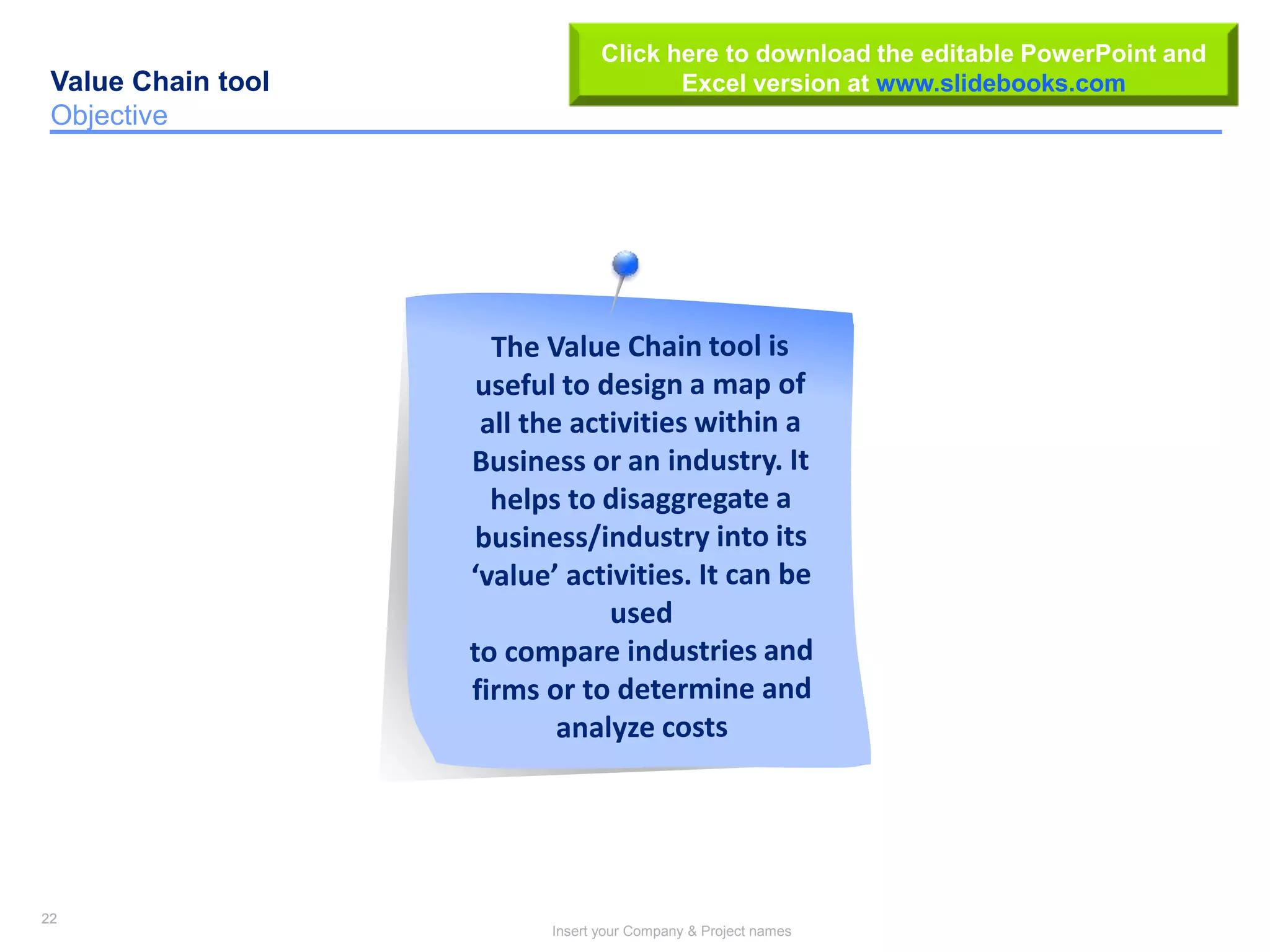 22
Insert your Company & Project names
22
Value Chain tool
Objective
Click here to download the editable PowerPoint and
Excel version at www.slidebooks.com
 