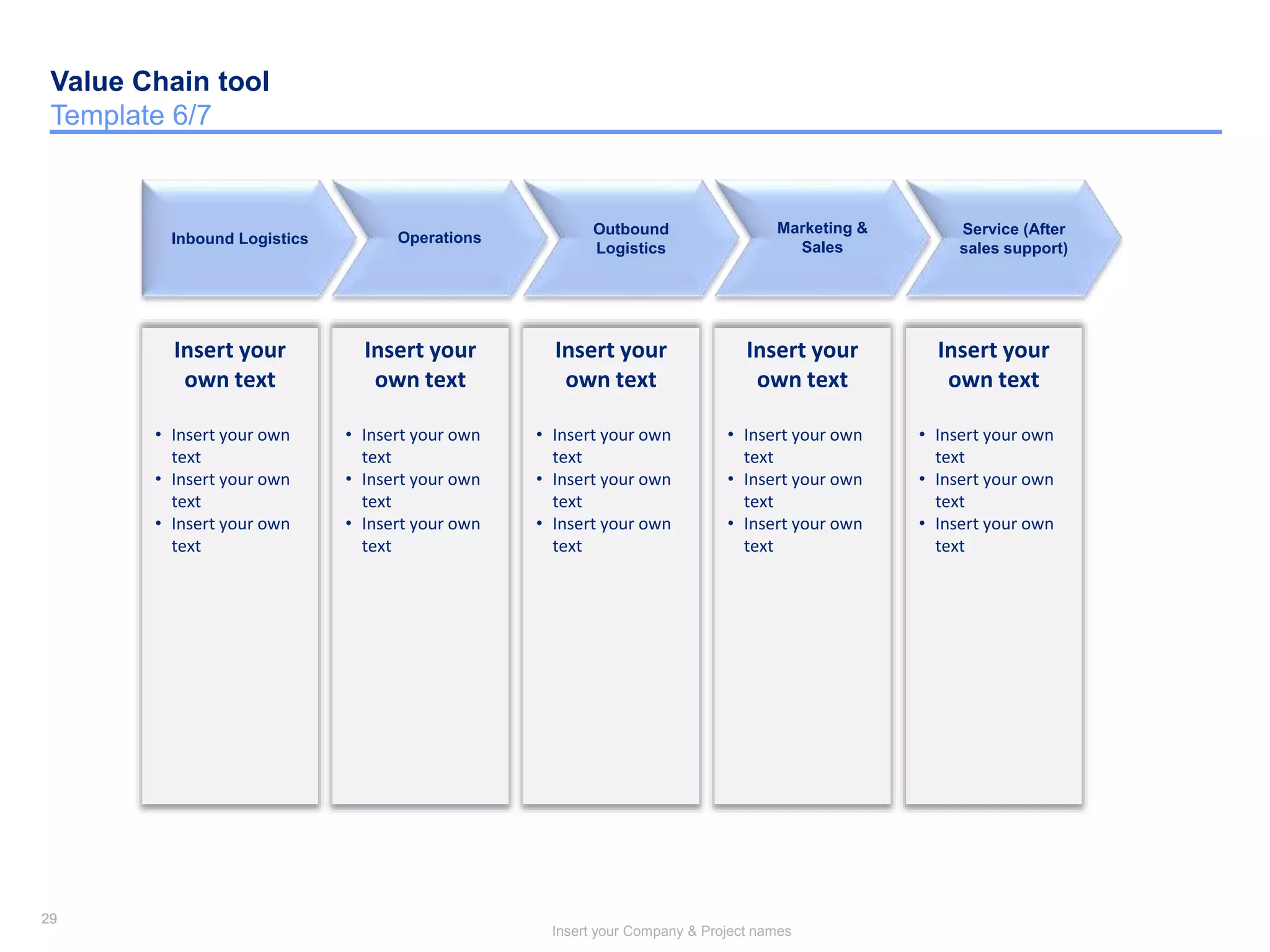 29
Insert your Company & Project names
29
Value Chain tool
Template 6/7
Insert your
own text
• Insert your own
text
• Insert your own
text
• Insert your own
text
Inbound Logistics Operations
Outbound
Logistics
Marketing &
Sales
Service (After
sales support)
Insert your
own text
• Insert your own
text
• Insert your own
text
• Insert your own
text
Insert your
own text
• Insert your own
text
• Insert your own
text
• Insert your own
text
Insert your
own text
• Insert your own
text
• Insert your own
text
• Insert your own
text
Insert your
own text
• Insert your own
text
• Insert your own
text
• Insert your own
text
 