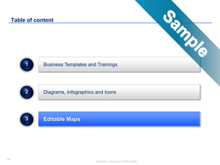 88
Insert your Company & Project names
Diagrams, Infographics and Icons
Editable Maps
2
3
Business Templates and Trainings1
Table of content
 