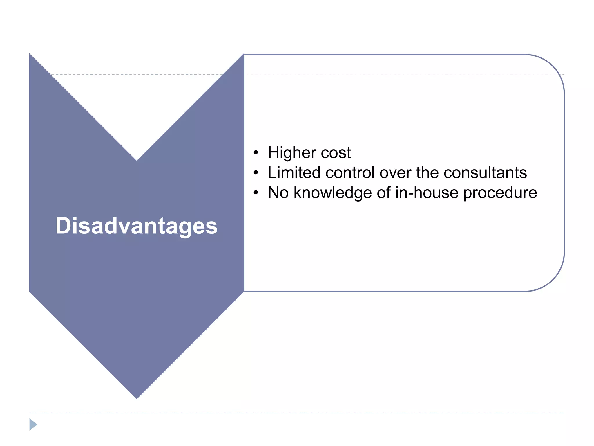 Disadvantages
• Higher cost
• Limited control over the consultants
• No knowledge of in-house procedure
 