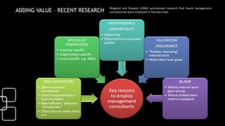 ADDING VALUE – RECENT RESEARCH
Ringland and Shaukat (2004) summarised research that found management
consultancies were employed in five key areas
 