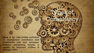 Types of
Consultancy
Many of the case studies published
on management consultancy sites
demonstrate only their successes.
However recognising failures is
equally as important (O'Shea &
Madigan, 1997).
 