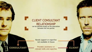 CLIENT CONSULTANT
RELATIONSHIP
can be defined simply as the association
between the two parties
CLIENTCONSULTANT
Needs support or expertise
not available in house
Provides assistance or
relevant skills and expertise
 