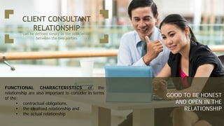 GOOD TO BE HONEST
AND OPEN IN THE
RELATIONSHIP
CLIENT CONSULTANT
RELATIONSHIP
can be defined simply as the association
between the two parties
FUNCTIONAL CHARACTERISTICS of the
relationship are also important to consider in terms
of the:
• contractual obligations,
• the idealised relationship and
• the actual relationship
 