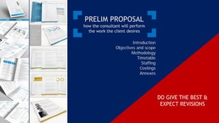 PRELIM PROPOSAL
how the consultant will perform
the work the client desires
Introduction
Objectives and scope
Methodology
Timetable
Staffing
Costings
Annexes
DO GIVE THE BEST &
EXPECT REVISIONS
 