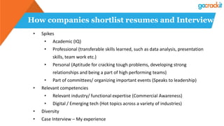 How companies shortlist resumes and Interview
• Spikes
• Academic (IQ)
• Professional (transferable skills learned, such as data analysis, presentation
skills, team work etc.)
• Personal (Aptitude for cracking tough problems, developing strong
relationships and being a part of high performing teams)
• Part of committees/ organizing important events (Speaks to leadership)
• Relevant competencies
• Relevant industry/ functional expertise (Commercial Awareness)
• Digital / Emerging tech (Hot topics across a variety of industries)
• Diversity
• Case Interview – My experience
 