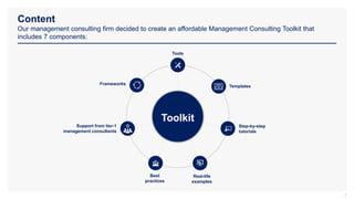 Content
Our management consulting firm decided to create an affordable Management Consulting Toolkit that
includes 7 components:
3
Tools
Templates
Step-by-step
tutorials
Real-life
examples
Best
practices
Support from tier-1
management consultants
Frameworks
Toolkit
 