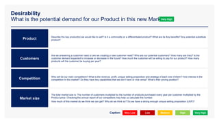 Desirability
What is the potential demand for our Product in this new Market?
Product
Customers
Competition
Market size
Describe the key product(s) we would like to sell? Is it a commodity or a differentiated product? What are its Key benefits? Any potential substitute
product?
Are we answering a customer need or are we creating a new customer need? Who are our potential customers? How many are they? Is the
customer demand expected to increase or decrease in the future? How much the customer will be willing to pay for our product? How many
products will the customer be buying per year?
Who will be our main competitors? What is the revenue, profit, unique selling proposition and strategy of each one of them? How intense is the
competition in this market? Do they have key capabilities that we don’t have or vice versa? What’s their pricing position?
The total market size is: The number of customers multiplied by the number of products purchased every year per customer multiplied by the
Product price. Checking the annual report of our competitors may help us calculate this number.
How much of this market do we think we can get? Why do we think so? Do we have a strong enough unique selling proposition (USP)?
Very Low Low Medium High Very High
Caption:
Very High
 