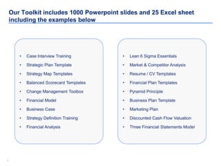 22
Our Toolkit includes 1000 Powerpoint slides and 25 Excel sheet
including the examples below
• Case Interview Training
• Strategic Plan Template
• Strategy Map Templates
• Balanced Scorecard Templates
• Change Management Toolbox
• Financial Model
• Business Case
• Strategy Definition Training
• Financial Analysis
• Lean 6 Sigma Essentials
• Market & Competitor Analysis
• Resume / CV Templates
• Financial Plan Templates
• Pyramid Principle
• Business Plan Template
• Marketing Plan
• Discounted Cash Flow Valuation
• Three Financial Statements Model
 