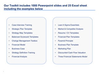 22
Our Toolkit includes 1000 Powerpoint slides and 25 Excel sheet
including the examples below
• Case Interview Training
•...
