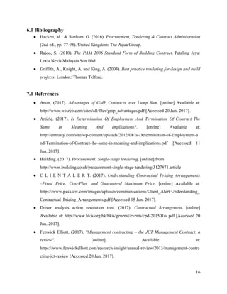 6.0 Bibliography
● Hackett, M., & Statham, G. (2016). ​Procurement, Tendering & Contract Administration
(2nd ed., pp. 77-98). United Kingdom: The Aqua Group.
● Rajoo, S. (2010). ​The PAM 2006 Standard Form of Building Contract​. Petaling Jaya:
Lexis Nexis Malaysia Sdn Bhd.
● Griffith, A., Knight, A. and King, A. (2003). ​Best practice tendering for design and build
projects​. London: Thomas Telford.
7.0 References
● Anon, (2017). ​Advantages of GMP Contracts over Lump Sum​. [online] Available at:
http://www.wiszco.com/sites/all/files/gmp_advantages.pdf [Accessed 20 Jun. 2017].
● Article. (2017). ​Is Determination Of Employment And Termination Of Contract The
Same In Meaning And Implications?​. [online] Available at:
http://entrusty.com/site/wp-content/uploads/2012/08/Is-Determination-of-Employment-a
nd-Termination-of-Contract-the-same-in-meaning-and-implications.pdf [Accessed 11
Jun. 2017].
● Building. (2017). ​Procurement: Single-stage tendering​. [online] from
​ ​http://www.building.co.uk/procurement-single-stage-tendering/3127871.article
● C L I E N T A L E R T. (2017). ​Understanding Contractual Pricing Arrangements
–Fixed Price, Cost-Plus, and Guaranteed Maximum Price​. [online] Available at:
https://www.pecklaw.com/images/uploads/communications/Client_Alert-Understanding_
Contractual_Pricing_Arrangements.pdf [Accessed 15 Jun. 2017].
● Driver analysis action resolution trett. (2017). ​Contractual Arrangement​. [online]
Available at: http://www.hkis.org.hk/hkis/general/events/cpd-2015016i.pdf [Accessed 20
Jun. 2017].
● Fenwick Elliott. (2017). ​"Management contracting – the JCT Management Contract: a
review"​. [online] Available at:
https://www.fenwickelliott.com/research-insight/annual-review/2013/management-contra
cting-jct-review [Accessed 20 Jun. 2017].
16
 