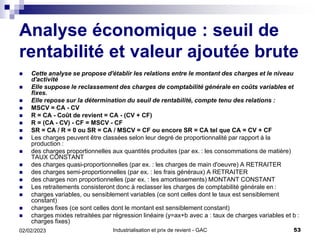 Industrialisation et prix de revient - GAC 53
02/02/2023
Analyse économique : seuil de
rentabilité et valeur ajoutée brute...