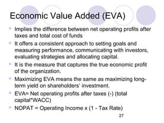 27
Economic Value Added (EVA)
 Implies the difference between net operating profits after
taxes and total cost of funds
 It offers a consistent approach to setting goals and
measuring performance, communicating with investors,
evaluating strategies and allocating capital.
 It is the measure that captures the true economic profit
of the organization.
 Maximizing EVA means the same as maximizing long-
term yield on shareholders’ investment.
 EVA= Net operating profits after taxes (-) (total
capital*WACC)
 NOPAT = Operating Income x (1 - Tax Rate)
 