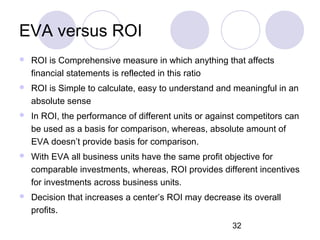 32
EVA versus ROI
 ROI is Comprehensive measure in which anything that affects
financial statements is reflected in this ratio
 ROI is Simple to calculate, easy to understand and meaningful in an
absolute sense
 In ROI, the performance of different units or against competitors can
be used as a basis for comparison, whereas, absolute amount of
EVA doesn’t provide basis for comparison.
 With EVA all business units have the same profit objective for
comparable investments, whereas, ROI provides different incentives
for investments across business units.
 Decision that increases a center’s ROI may decrease its overall
profits.
 