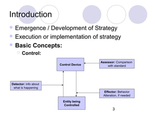 3
Introduction
 Emergence / Development of Strategy
 Execution or implementation of strategy
 Basic Concepts:
 Control:
Detector: info about
what is happening
Assessor: Comparison
with standard
Effector: Behavior
Alteration, if needed
Control Device
Entity being
Controlled
 