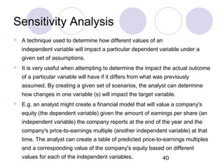 40
Sensitivity Analysis
 A technique used to determine how different values of an
independent variable will impact a particular dependent variable under a
given set of assumptions.
 It is very useful when attempting to determine the impact the actual outcome
of a particular variable will have if it differs from what was previously
assumed. By creating a given set of scenarios, the analyst can determine
how changes in one variable (s) will impact the target variable.
 E.g. an analyst might create a financial model that will value a company's
equity (the dependent variable) given the amount of earnings per share (an
independent variable) the company reports at the end of the year and the
company's price-to-earnings multiple (another independent variable) at that
time. The analyst can create a table of predicted price-to-earnings multiples
and a corresponding value of the company's equity based on different
values for each of the independent variables.
 