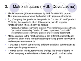 52
3. Matrix structure ( HUL- Dove/Lakme)
 Matrix structure groups employees by both function and product.
This structure can combine the best of both separate structures.
 E.g. Company that produces two products, "product A" and "product
B". Using the matrix structure, this company would organize
functions within the company as follows:
 "product A" sales department, "product A" customer service department,
"product A" accounting, "product B" sales department, "product B "
customer service department, "product B" accounting department.
 Matrix structure is the most complex of the different organizational
structures. often found in organizations pursuing growth in dynamic
and complex environments
 It provides a way of coordinating different functional contributions to
serve specific program needs
 It makes easier to add, remove and change the focus of teams to
reflect new program directions or basic changes in business size
 
