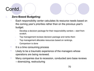 70
Contd..
2. Zero-Based Budgeting:
 Each responsibility center calculates its resource needs based on
the coming year’s priorities rather than on the previous year's
budget.
1. Develop a decision package for their responsibility centers – start from
scratch.
2. Top management reviews decision package and ranks them
3. Top management allocates resources based on rankings.
4. Comparison is done
 It is a time consuming process
 Likely to be a traumatic experience of the managers whose
operations are being reviewed.
 Many companies due to recession, conducted zero base reviews
– downsizing, restructuring
 