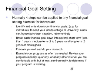 23
Financial Goal Setting
 Normally 4 steps can be applied to any financial goal
setting exercise for individuals
1. Iden...