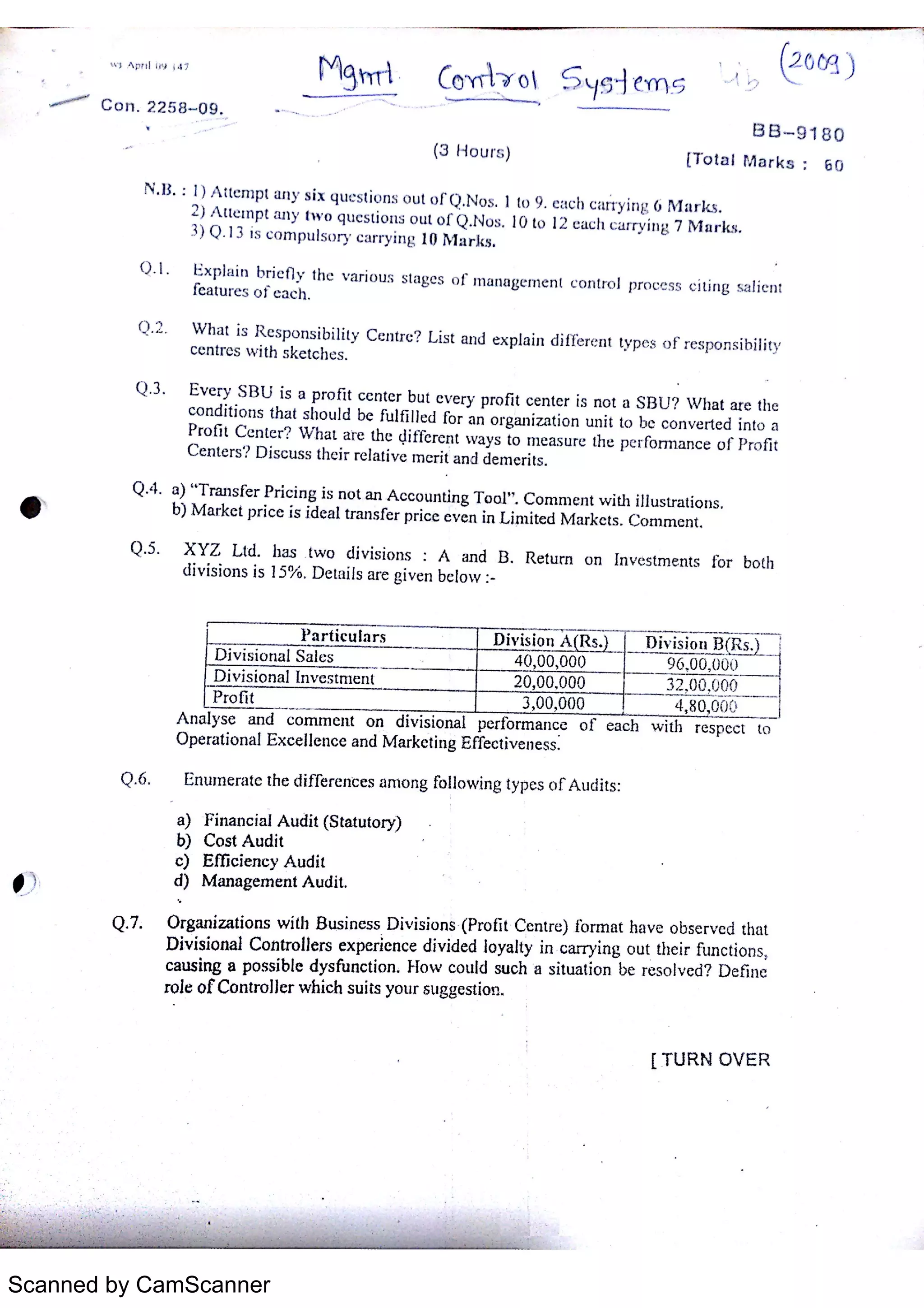 Management control system question paper 2009 by mumbai university PDF