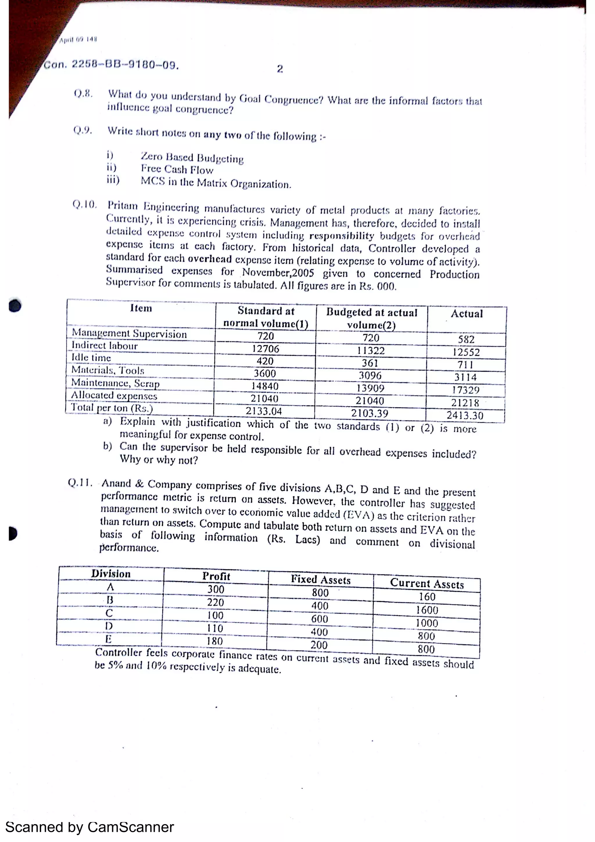 Management control system question paper 2009 by mumbai university PDF