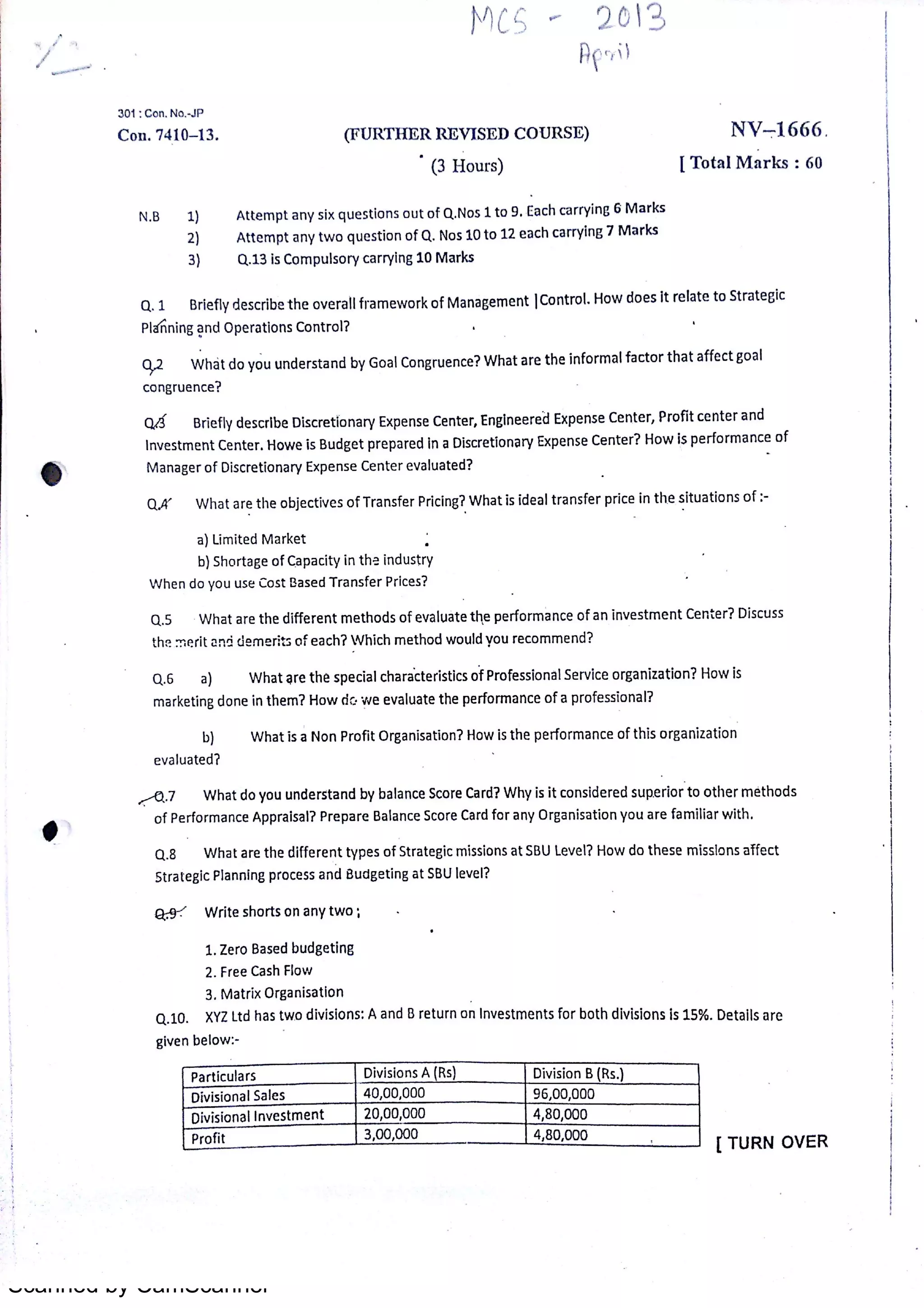 Management control system question paper 2013 by mumbai university PDF