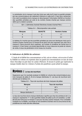 174 LE MARKETING DANS LES ENTREPRISES DE DISTRIBUTION
➤ Indicateurs de fidélité des acheteurs
L’étude de la fidélité des consommateurs se fait, soit en volume, soit en actes d’achat.
La fidélité en volume est exprimée dans les panels de consommateurs en taux de nour-
riture (Secodip) ou part dans les achats (Nielsen). Il mesure le poids que représente la
marque étudiée dans les volumes d’achats des panélistes ayant acheté la marque.
La pénétration de la marque A est plus forte que celle de B mais la quantité achetée
par ses consommateurs est nettement inférieure à celle de B. Il faut donc rechercher
d’où vient le problème de la marque en décomposant l’information QA/NA en fonction
des quantités achetées par acte et du nombre d’actes d’achat par marque comme
défini par la relation suivante :
Le tableau 6.4 montre que les quantités achetées par acte sont identiques mais que le
nombre d’actes d’achat pour la marque B est deux fois plus important que celui de la
marque A. Nous pouvons donc supposer, qu’il existe un problème de rachat pour la
marque A. Il faut mener une étude approfondie où nous mesurons le poids du volume
de vente, le taux de pénétration et du niveau du ré-achat.
REPÈRES : Le taux de nourriture
Supposons que l’on souhaite analyser la fidélité en volume des consommateurs pour
trois marques de pâtes A, B et la marque distributeur C. Les taux de nourriture sont
donnés par le tableau 6.5.
Le taux de nourriture de la marque distributeur signifie que chez les acheteurs de C, la
marque C représente 71 % des quantités totales de pâtes qu’ils ont achetées. La fidé-
lité est plus forte pour la marque C que pour les deux autres marques. Pour compléter
l’analyse sur la fidélité, une étude sur les transferts d’achats vers la concurrence et les
problèmes de mixité doit-être effectuée.
QA = { (QA/Actes d’achat)*(Nombres d’actes d’achat)*NA) }
Tableau 6.4 – Décomposition des achats
Marques QA/ACTE Nombre d’actes
A 2 1,7
B 2 3,4
Tableau 6.5 – Taux de nourriture de trois marques de pâtes
Marques Taux de nourriture
A 48 %
B 88 %
Marque distributeur C 71 %
50672_ManDist_p169p217 Page 174 Jeudi, 24. août 2006 5:07 17
 