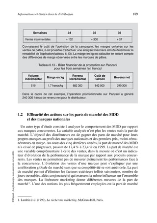 Informations et études dans la distribution 189
©Dunod–Laphotocopienonautoriséeestundélit.
1.2 Efficacité des actions sur les parts de marché des MDD
et des marques nationales
Un autre type d’étude consiste à analyser le comportement des MDD par rapport
aux marques concurrentes. La variable analysée n’est plus les ventes mais la part de
marché. L’objectif des distributeurs est de gagner des parts de marché pour leurs
propres marques au profit des marques nationales et des premiers prix, moins rému-
nérateurs en marge. Au cours des cinq dernières années, la part de marché des MDD
n’a cessé de progresser, passant de 17,4 % à 23,4 % en 1999. La part de marché est
une variable complémentaire à celle des ventes, dans la mesure où c’est un indica-
teur d’évolution de la performance de la marque par rapport aux produits concur-
rents. Les ventes ne permettent pas de mesurer pleinement les performances face à
la concurrence. L’évolution des ventes d’une marque peut s’expliquer par une
amélioration globale du marché sans que sa compétitivité se soit améliorée. La part
de marché permet d’éliminer les facteurs extérieurs (effets saisonniers, nombre de
jours ouvrables, aléas conjoncturels) qui exercent la même influence sur l’ensemble
des marques. La littérature marketing donne différentes mesures de la part de
marché1. L’une des notions les plus fréquemment employées est la part de marché
Connaissant le coût de l’opération de la campagne, les marges unitaires sur les
ventes de pâtes, il est possible d’effectuer une analyse financière afin de déterminer la
rentabilité de l’opération(tableau 6.13). La marge en kg est calculée en tenant compte
des différences de marge observées entre les marques de pâtes.
Dans le cadre de cet exemple, l’opération promotionnelle sur Panzani a généré
240 300 francs de revenu net pour le distributeur.
1. Lambin J.-J. (1990), La recherche marketing, McGraw-Hill, Paris.
Semaines 34 35 36
Ventes incrémentales + 132 + 330 + 57
Tableau 6.13 – Bilan financier de la promotion sur Panzani
pour les trois semaines (en francs)
Volume
incrémental
Marge en kg
Revenu
incrémental
Coût de
l’action
Revenu net
519 1,7 francs/kg 882 300 642 000 240 300
50672_ManDist_p169p217 Page 189 Jeudi, 24. août 2006 5:07 17
 