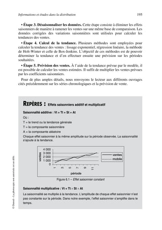 Informations et études dans la distribution 195
©Dunod–Laphotocopienonautoriséeestundélit.
• Étape 3. Désaisonnaliser les données. Cette étape consiste à éliminer les effets
saisonniers de manière à ramener les ventes sur une même base de comparaison. Les
données corrigées des variations saisonnières sont utilisées pour calculer les
tendances des ventes.
• Étape 4. Calcul de la tendance. Plusieurs méthodes sont employées pour
calculer la tendance des ventes : lissage exponentiel, régression linéaire, la méthode
de Holt-Winter et celle de Box-Jenkins. L’objectif de ces méthodes est de pouvoir
déterminer la tendance et d’en effectuer ensuite une prévision sur les périodes
souhaitées.
• Étape 5. Prévision des ventes. À l’aide de la tendance prévue par le modèle, il
est possible de calculer les ventes estimées. Il suffit de multiplier les ventes prévues
par les coefficients saisonniers.
Pour de plus amples détails, nous renvoyons le lecteur aux différents ouvrages
cités précédemment sur les séries chronologiques et la prévision de vente.
REPÈRES : Effets saisonniers additif et multiplicatif
Saisonnalité additive : Vt = Tt + St + At
Où :
T = le trend ou la tendance générale
T = la composante saisonnière
A = la composante aléatoire
Chaque effet saisonnier à la même amplitude sur la période observée. La saisonnalité
s’ajoute à la tendance.
Saisonnalité multiplicative : Vt = Tt × St × At
La saisonnalité se multiplie à la tendance. L’amplitude de chaque effet saisonnier n’est
pas constante sur la période. Dans notre exemple, l’effet saisonnier s’amplifie dans le
temps.
ventes
période
ventes
mobile
4 000
3 000
2 000
1 000
0
1
3
5
7
9
11
Figure 6.1 – Effet saisonnier constant
50672_ManDist_p169p217 Page 195 Jeudi, 24. août 2006 5:07 17
 