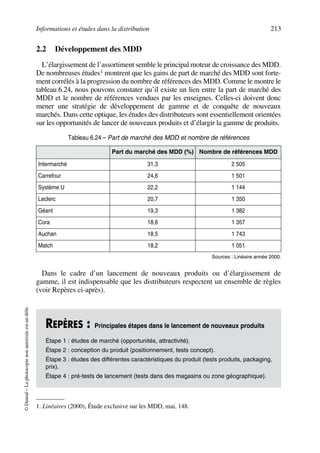 Informations et études dans la distribution 213
©Dunod–Laphotocopienonautoriséeestundélit.
2.2 Développement des MDD
L’élargissement de l’assortiment semble le principal moteur de croissance des MDD.
De nombreuses études1 montrent que les gains de part de marché des MDD sont forte-
ment corrélés à la progression du nombre de références des MDD. Comme le montre le
tableau 6.24, nous pouvons constater qu’il existe un lien entre la part de marché des
MDD et le nombre de références vendues par les enseignes. Celles-ci doivent donc
mener une stratégie de développement de gamme et de conquête de nouveaux
marchés. Dans cette optique, les études des distributeurs sont essentiellement orientées
sur les opportunités de lancer de nouveaux produits et d’élargir la gamme de produits.
Dans le cadre d’un lancement de nouveaux produits ou d’élargissement de
gamme, il est indispensable que les distributeurs respectent un ensemble de règles
(voir Repères ci-après).
1. Linéaires (2000), Étude exclusive sur les MDD, mai, 148.
Tableau 6.24 – Part de marché des MDD et nombre de références
Part du marché des MDD (%) Nombre de références MDD
Intermarché 31,3 2 505
Carrefour 24,6 1 501
Système U 22,2 1 144
Leclerc 20,7 1 350
Géant 19,3 1 382
Cora 18,6 1 357
Auchan 18,5 1 743
Match 18,2 1 051
Sources : Linéaire année 2000.
REPÈRES : Principales étapes dans le lancement de nouveaux produits
Étape 1 : études de marché (opportunités, attractivité).
Étape 2 : conception du produit (positionnement, tests concept).
Étape 3 : études des différentes caractéristiques du produit (tests produits, packaging,
prix).
Étape 4 : pré-tests de lancement (tests dans des magasins ou zone géographique).
50672_ManDist_p169p217 Page 213 Jeudi, 24. août 2006 5:07 17
 